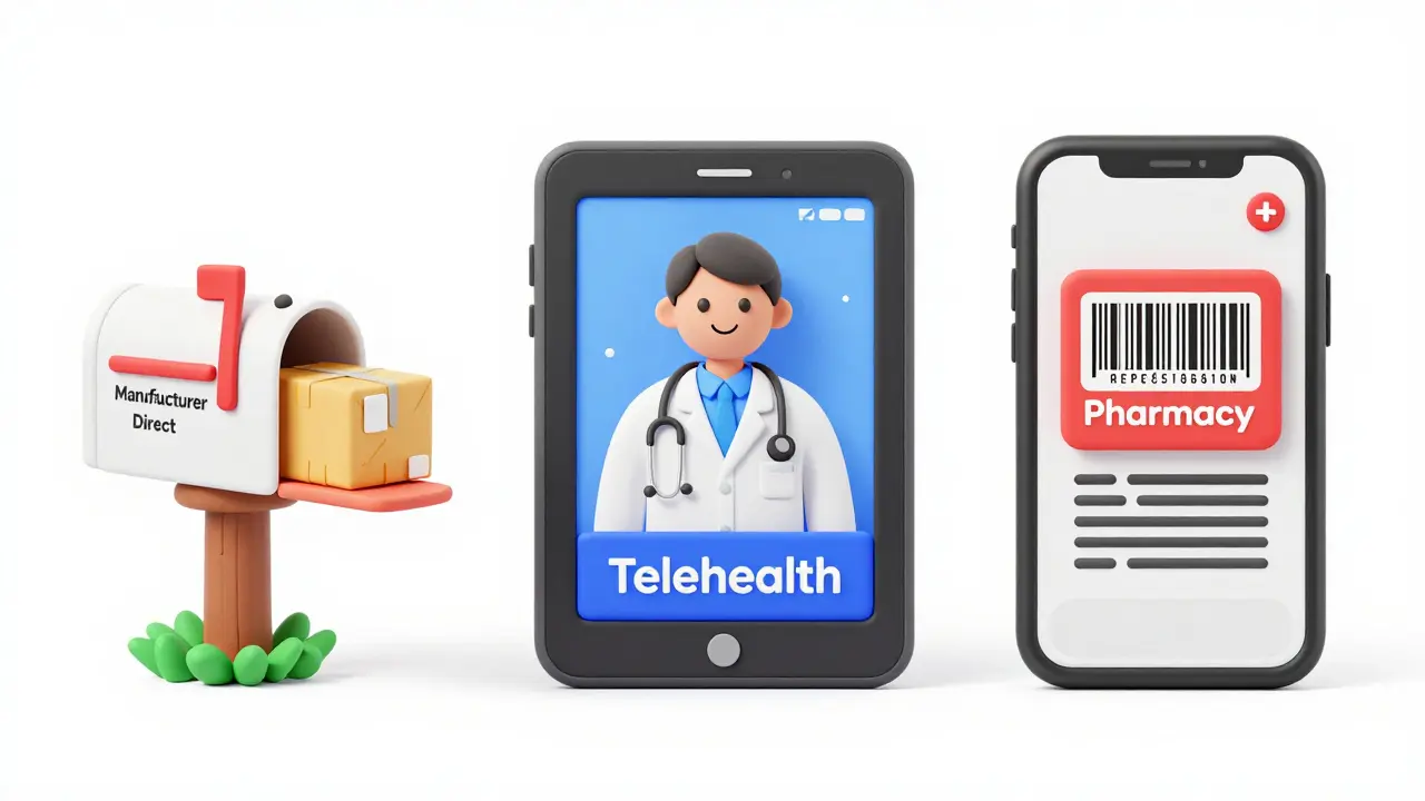 Clay art showing safe ways to get meds: mail, telehealth, coupons