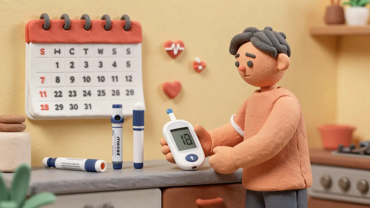 Clay figure monitoring blood sugar levels while managing insulin therapy at home