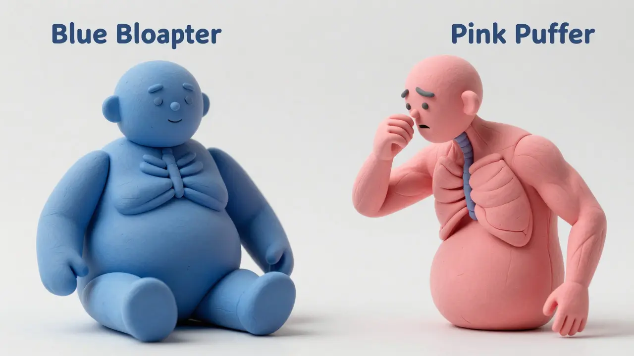 Clay figures illustrating Blue Bloater and Pink Puffer COPD phenotypes.
