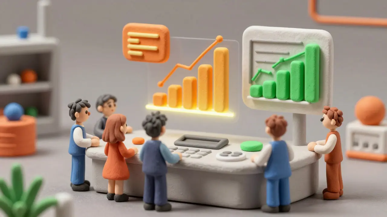 Clay figures monitoring colorful data charts on a factory dashboard.