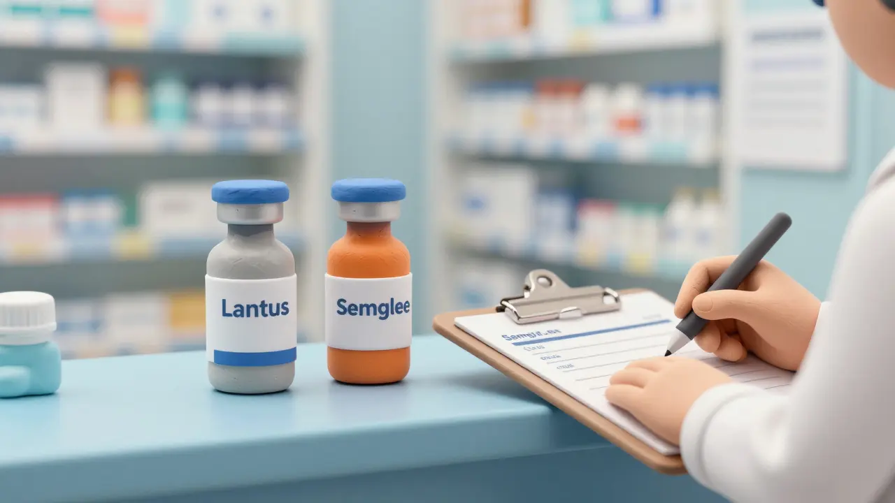 Clay illustration of a pharmacist reviewing insulin options at a pharmacy counter