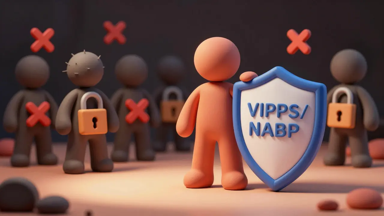 Clay illustration warning against unsafe online pharmacies with shield