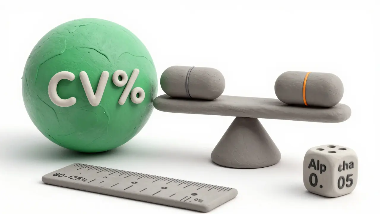 Clay rendered icons representing statistical variables like variability, ratios, and margins for drug studies.