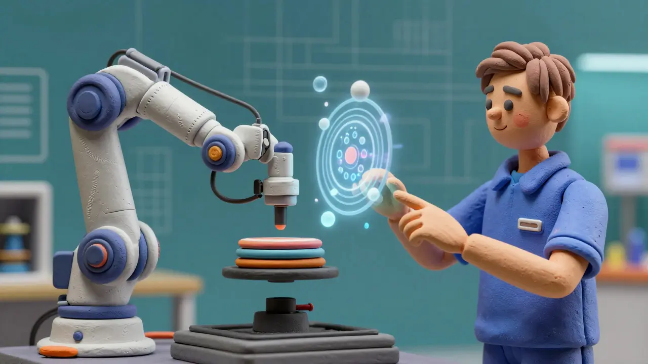 Clay robot and worker inspecting product with AI holographic visuals.