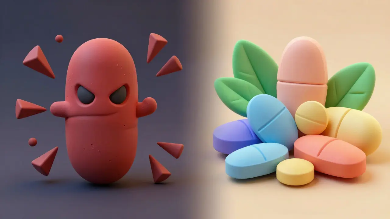 Comparison of dangerous vs safe diabetes pills using abstract clay shapes.