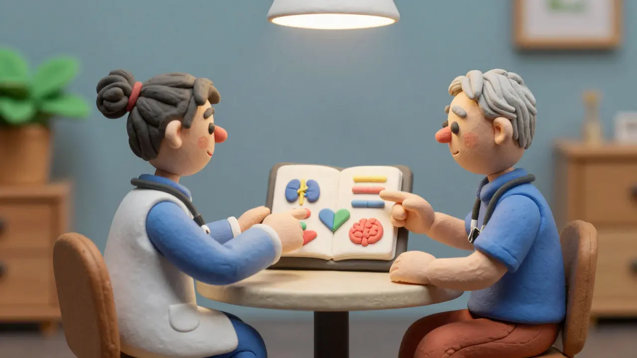 Doctor and senior reviewing medication guidelines together