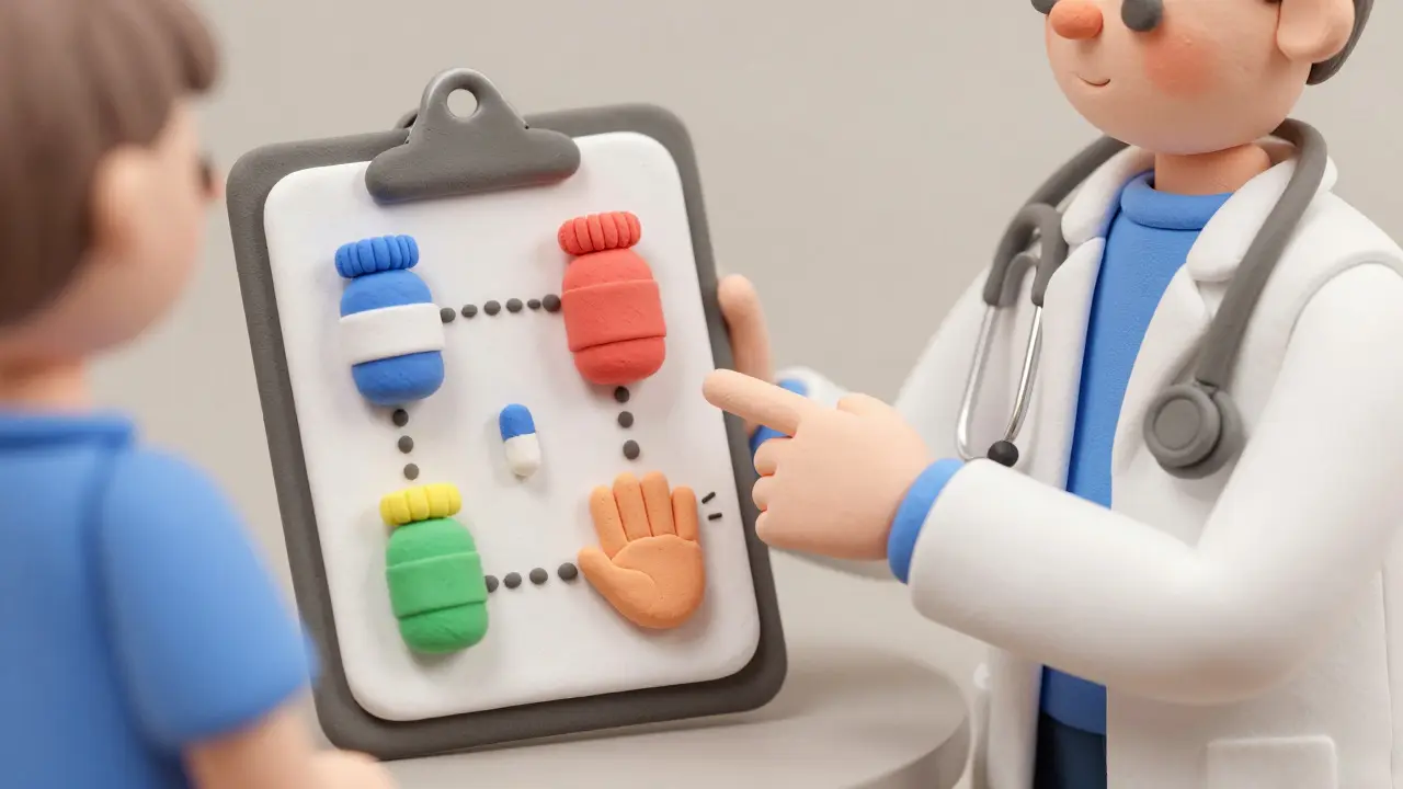 Doctor explaining medication side effects using clay models to a patient.