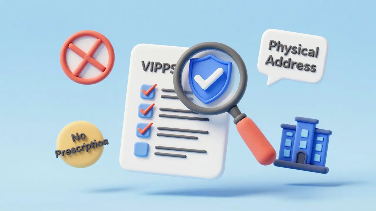 Magnifying glass verifying safe online pharmacy