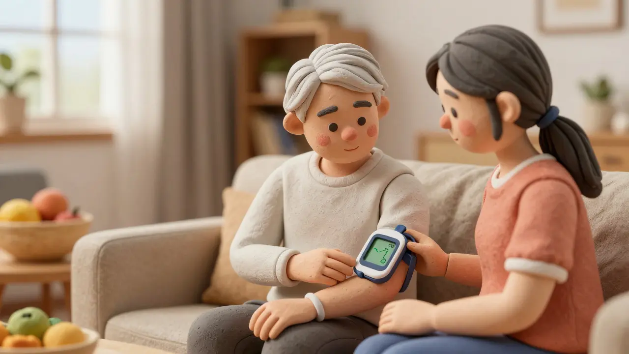 Senior and caregiver checking a glucose monitor in a peaceful home setting.
