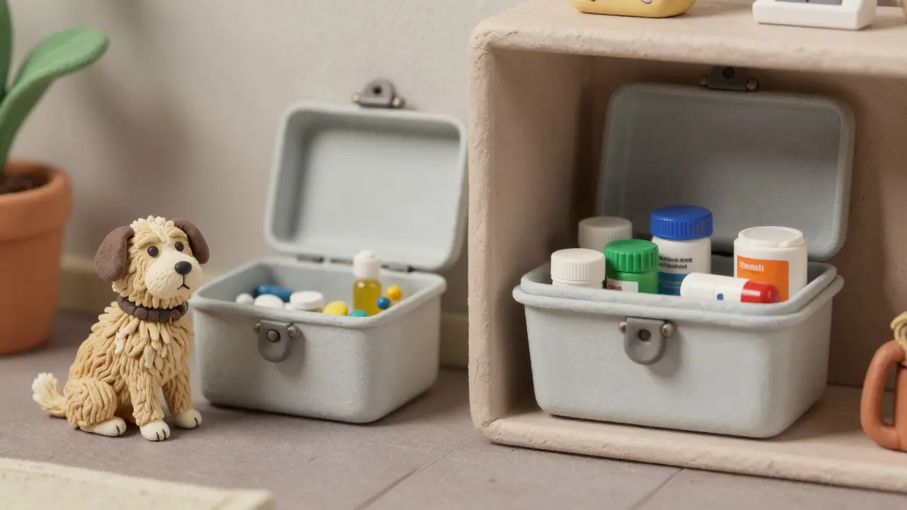 Separated locked boxes for human and pet meds in clay art