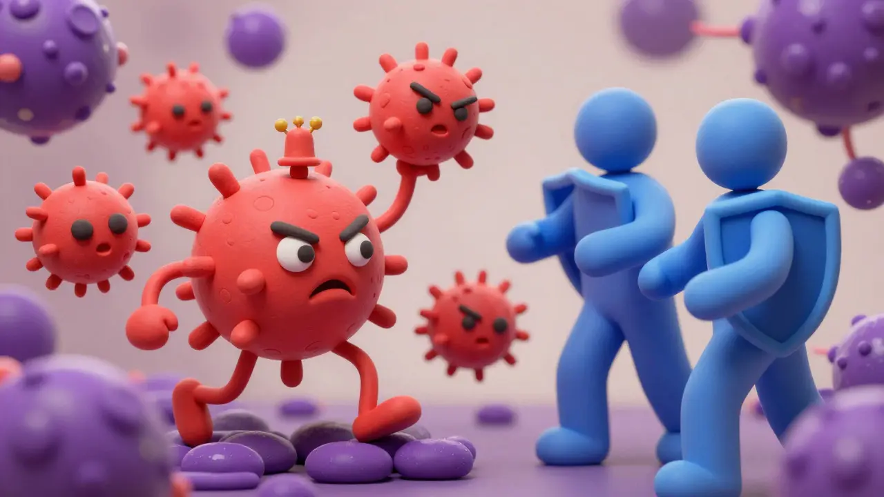 Abstract clay art showing purple berries stirring red immune cells against blue shields.