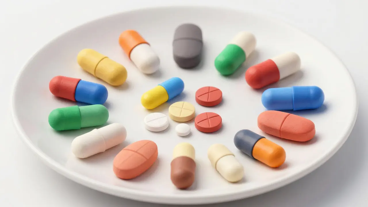 Assorted colorful clay pills and capsules arranged on a white plate representing different blood pressure medications.