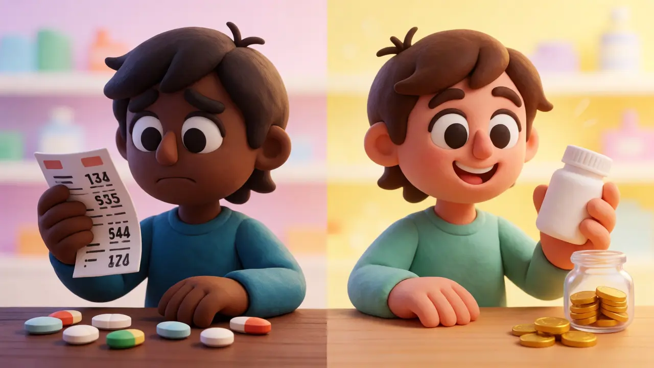 Character comparing stress over brand costs versus happiness with generic savings.