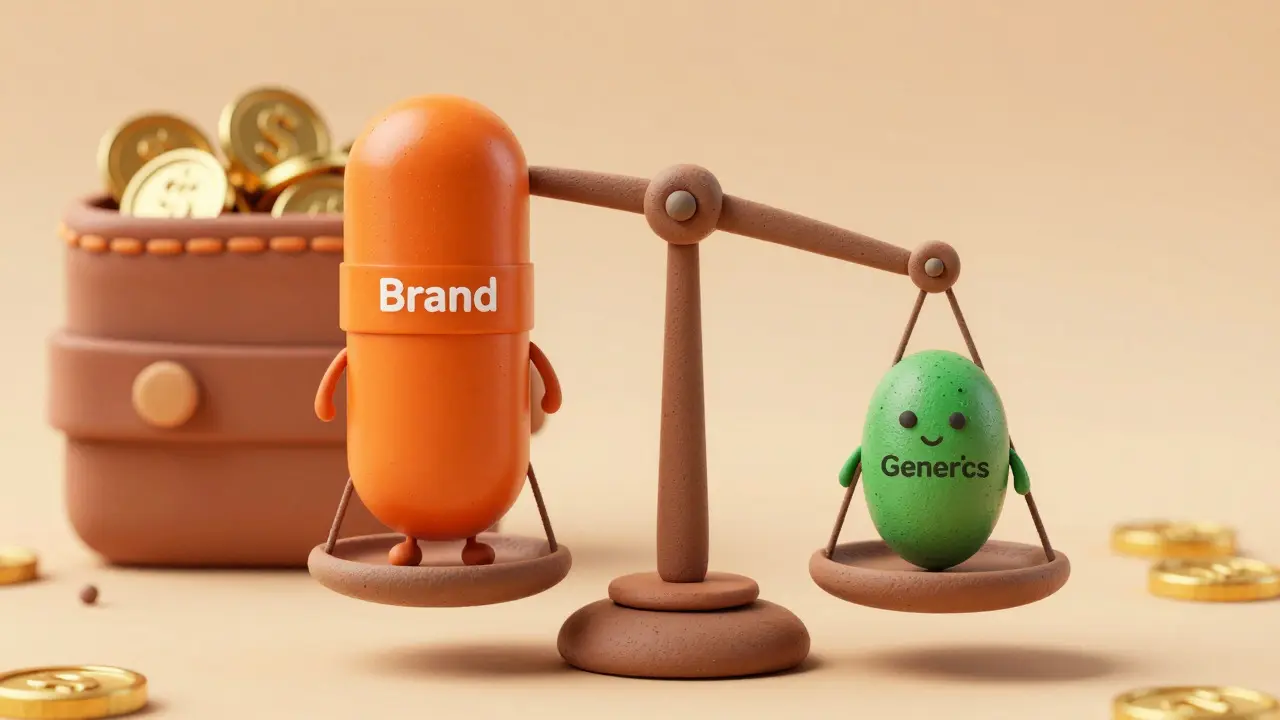 Clay art comparing brand and generic pills on a balance scale to show cost differences