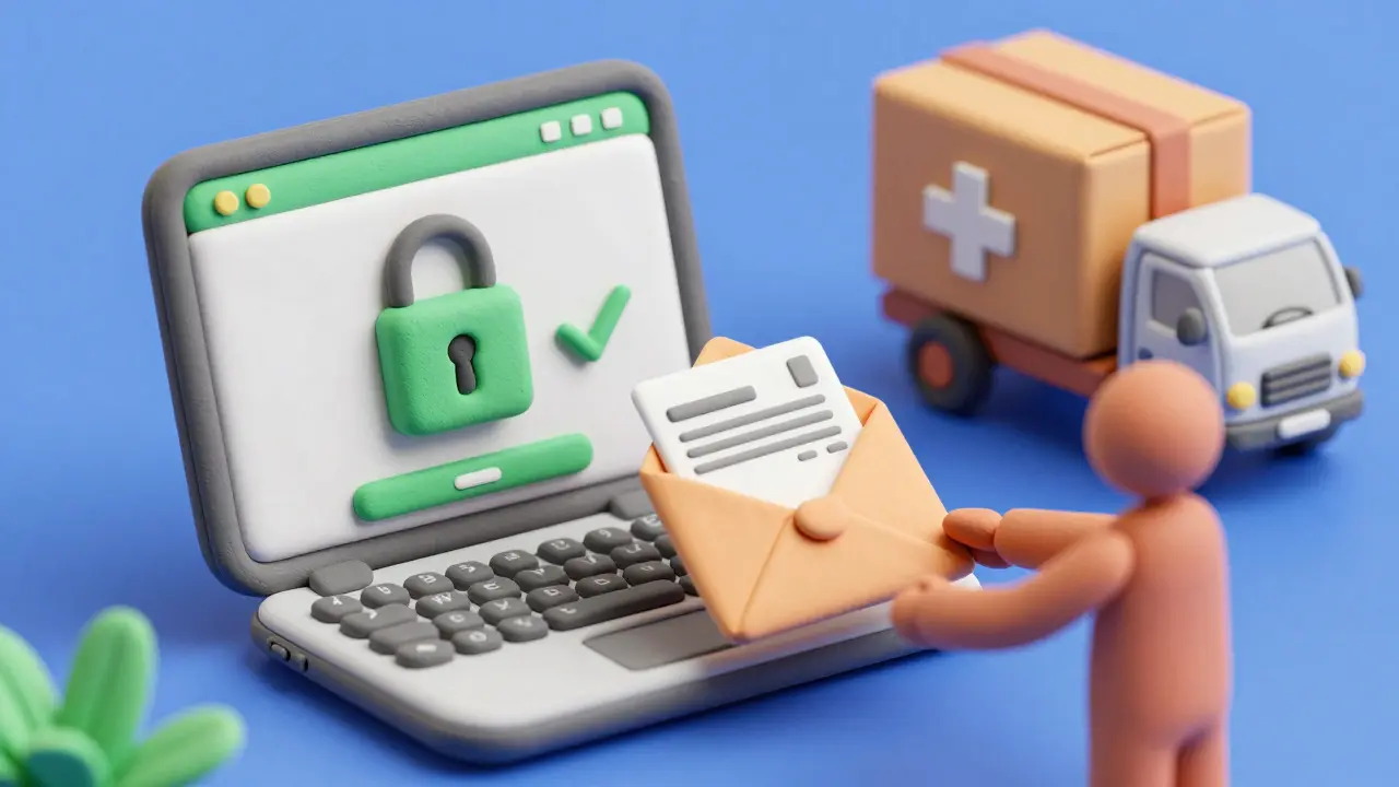 Clay art depicting a secure online pharmacy checkout with a delivery truck