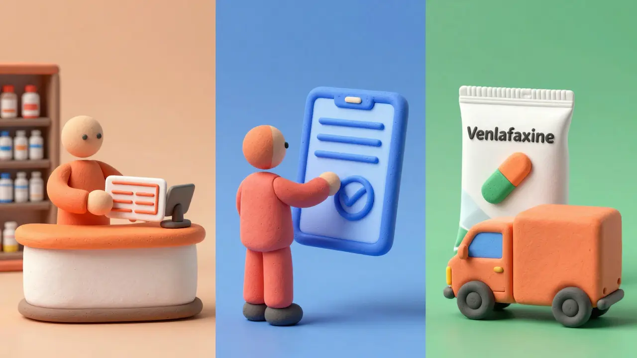 Clay art showing three methods for buying medication: coupons, telehealth, and shipping
