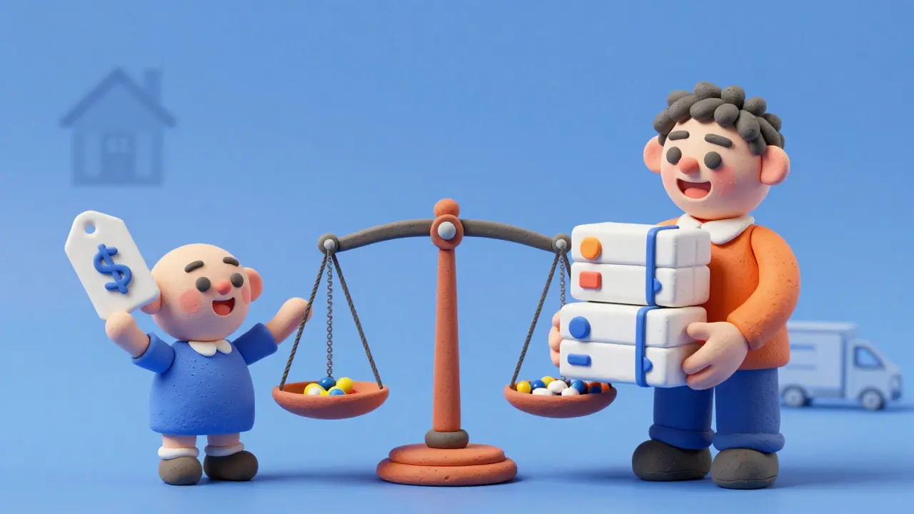Clay figures comparing expensive brand pills vs cheap generics