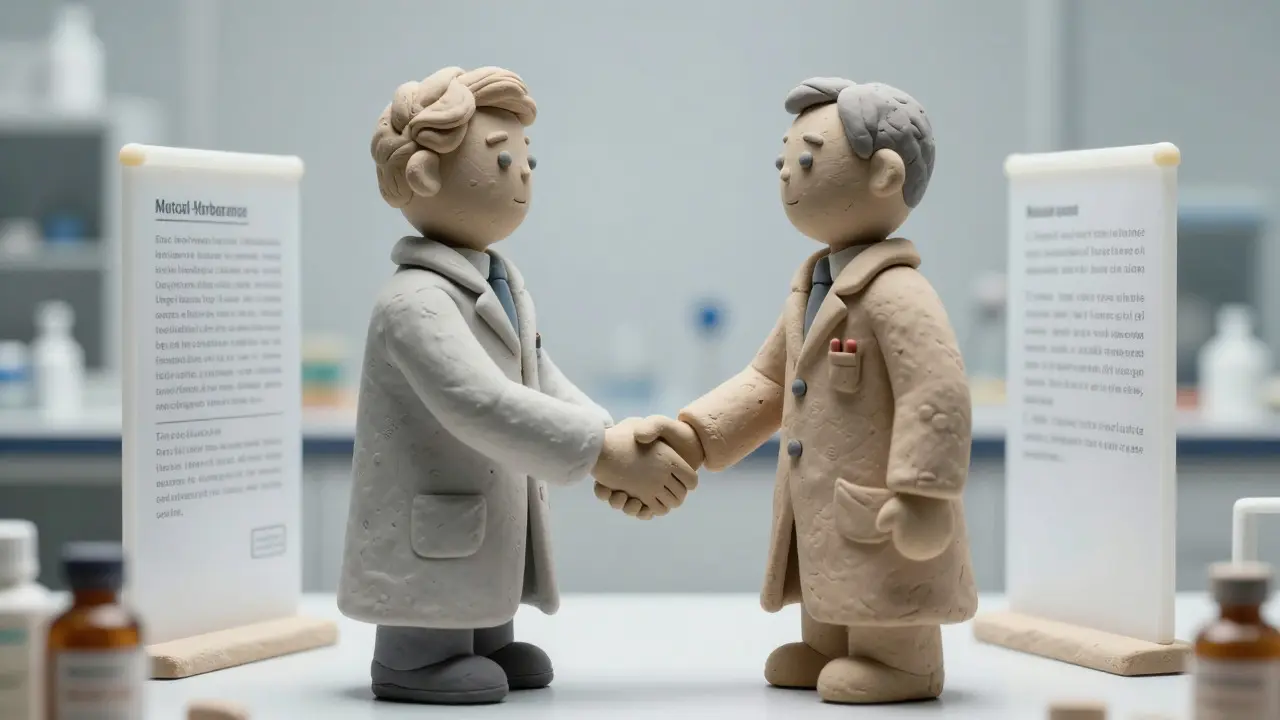Clay figures of pharma companies shaking hands, illustrating mutual forbearance and stable prices.