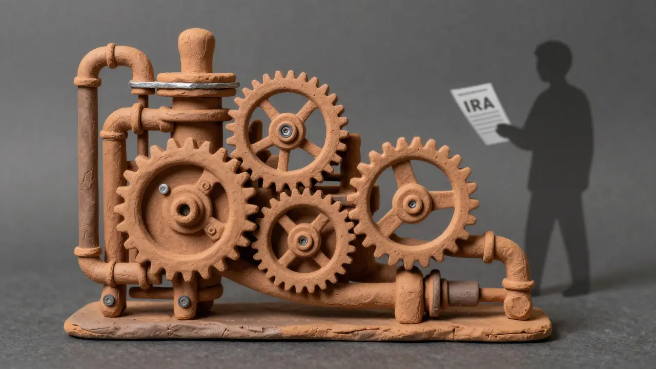 Clay gears representing resilient drug supply chains amidst regulatory shadows and complexity.