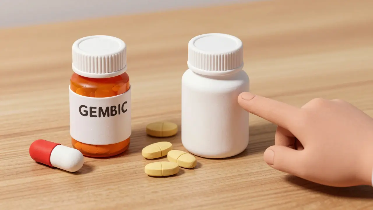 Clay illustration comparing branded and generic medication bottles with coins