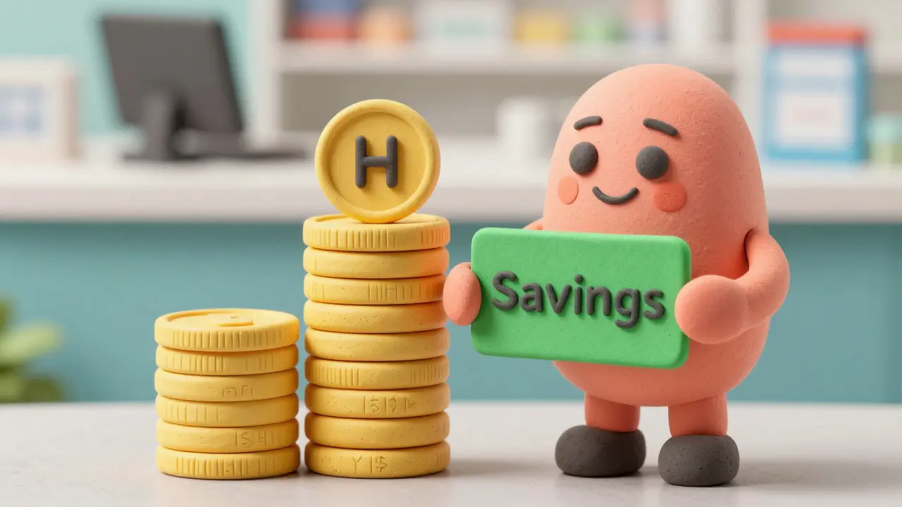 Clay illustration comparing high and low medication prices