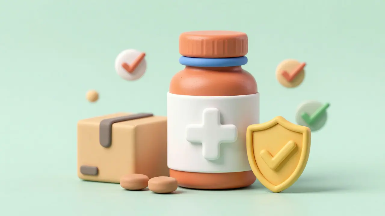 Clay illustration of a medicine bottle and safety shield icon