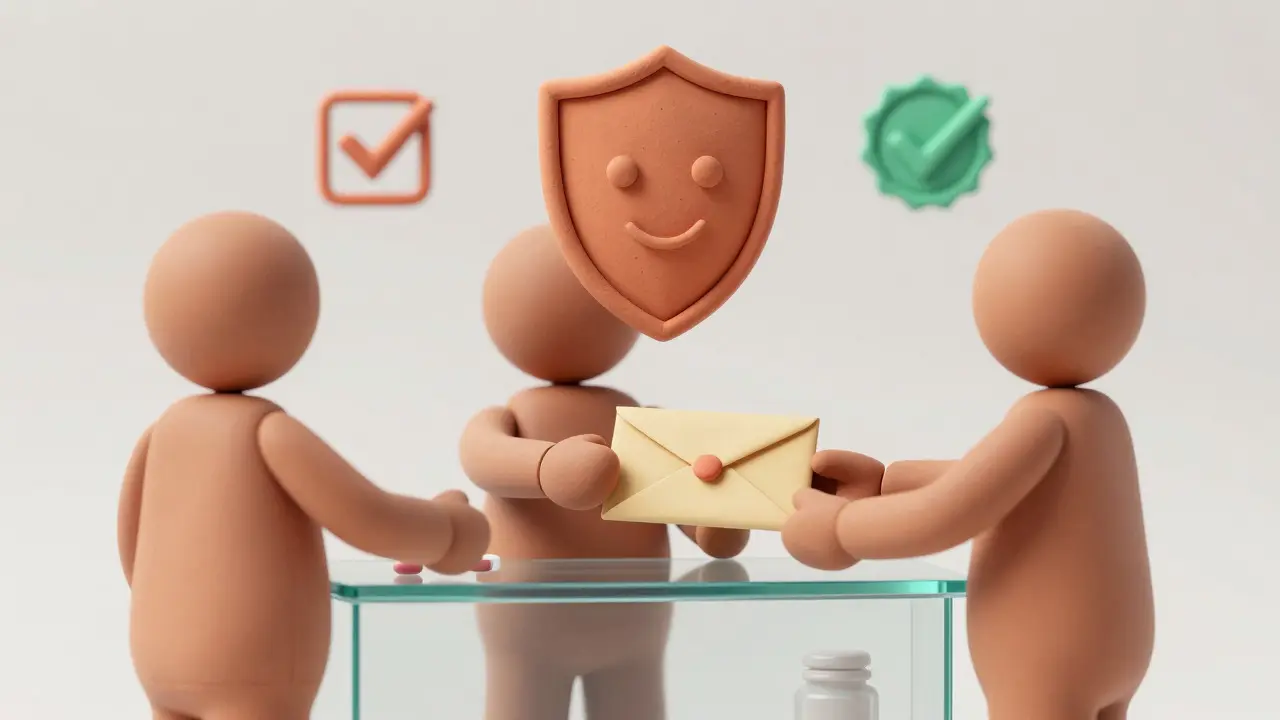 Clay rendering of a safe transaction with a shield symbolizing FDA-approved medication