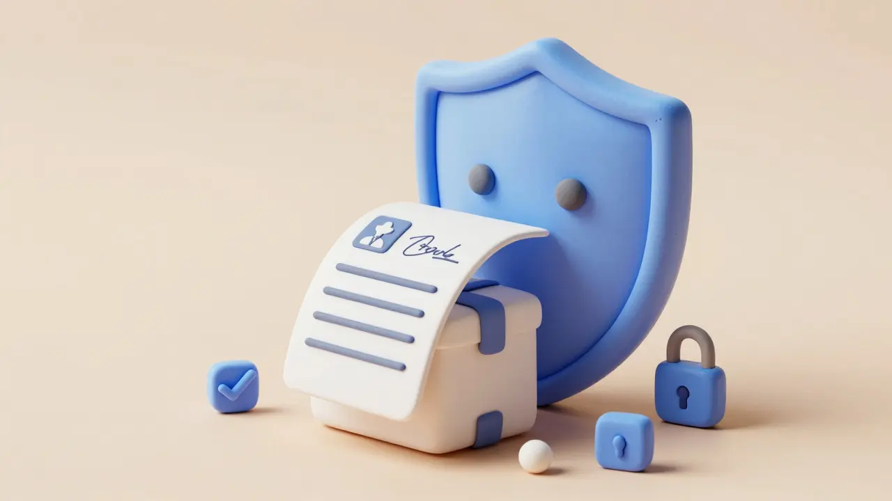 Clay rendering of a secure package receiving a prescription slip, symbolizing safe online ordering