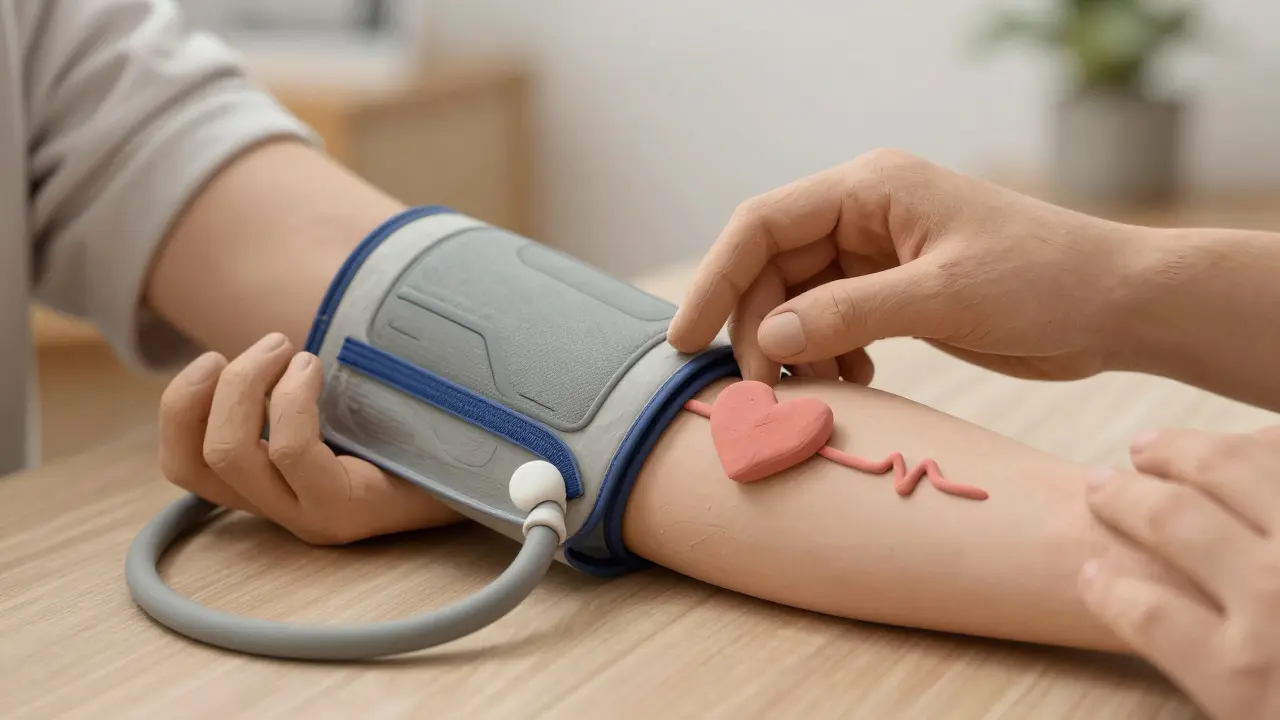 Clay sculpture of hands holding a blood pressure cuff next to a pulsing heart, symbolizing home monitoring.