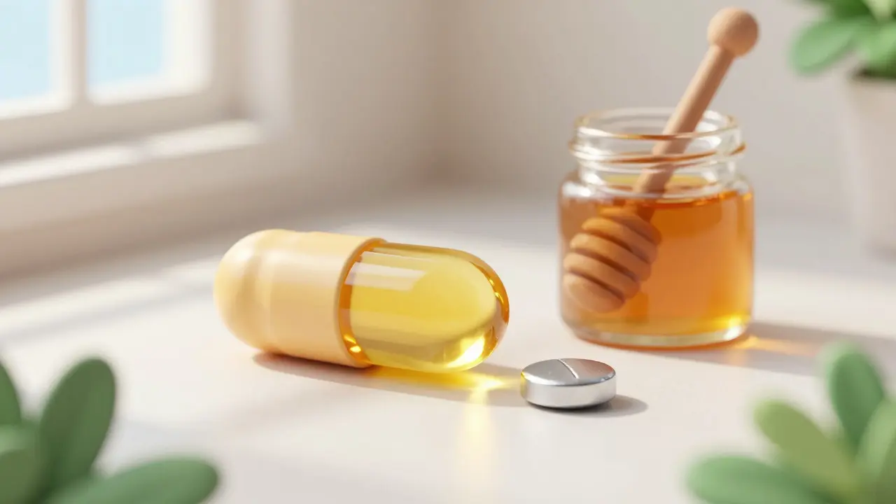 Glowing vitamin D and zinc supplements depicted in soft clay rendering style.