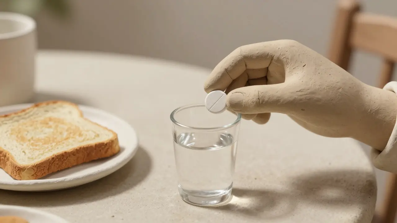 Hand holding a pill over a glass of water next to breakfast