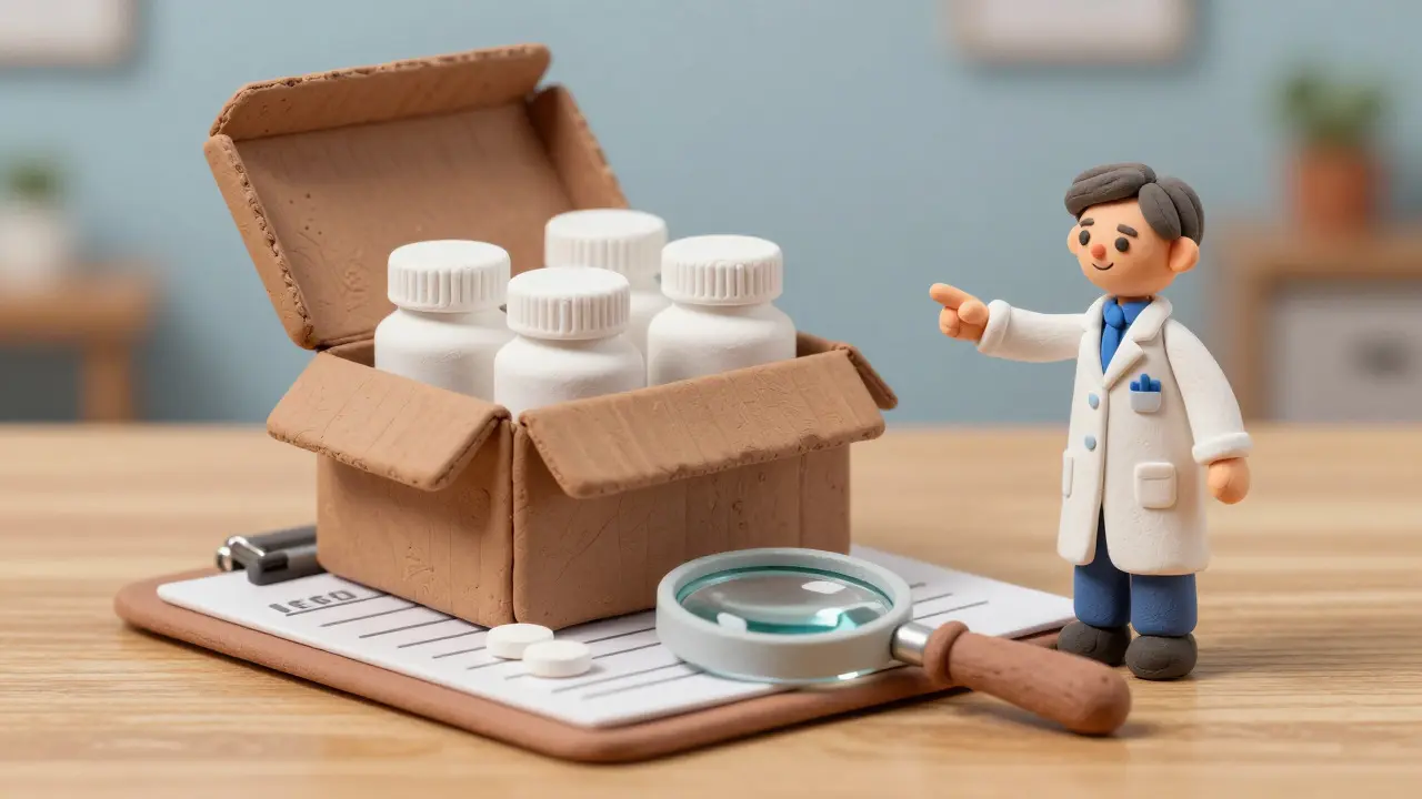 Open delivery box with pill bottles and a magnifying glass for inspection