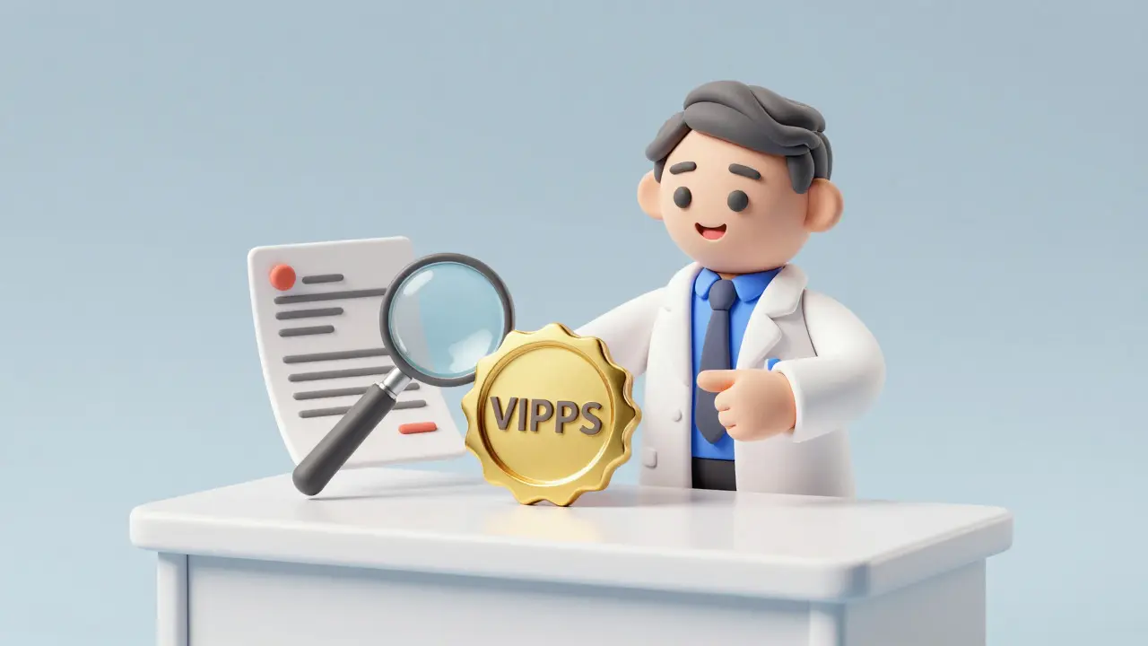 Pharmacist character verifying prescription safety seal