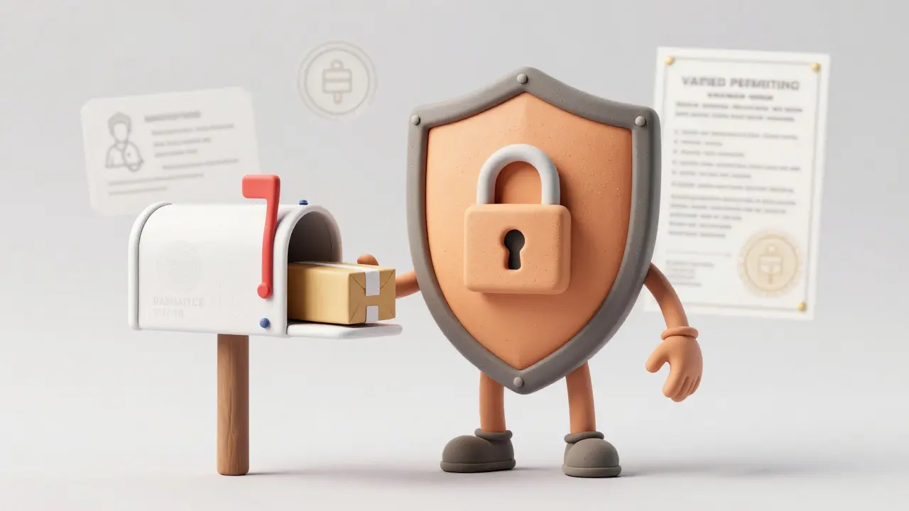 Shield protecting mail package symbolizing safe online pharmacy