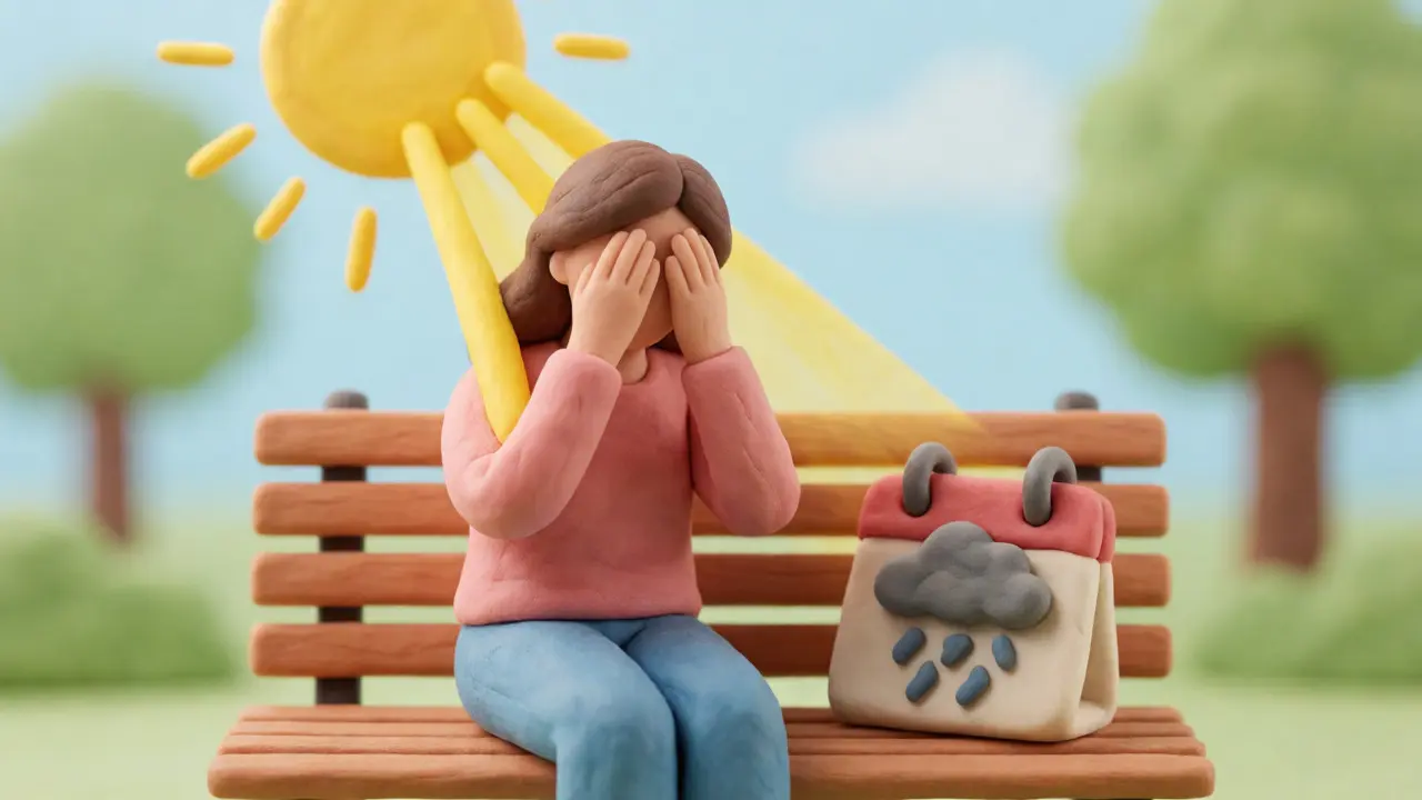 Clay art showing a woman avoiding sunlight to prevent a lupus flare-up outdoors