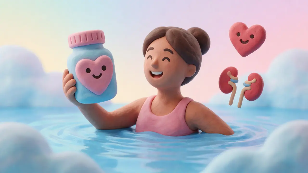 Clay figure exercising peacefully with symbolic medication and healthy organs