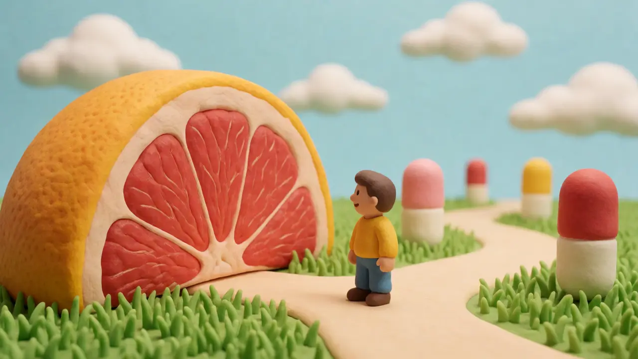Clay figure facing a giant grapefruit obstacle among pills.