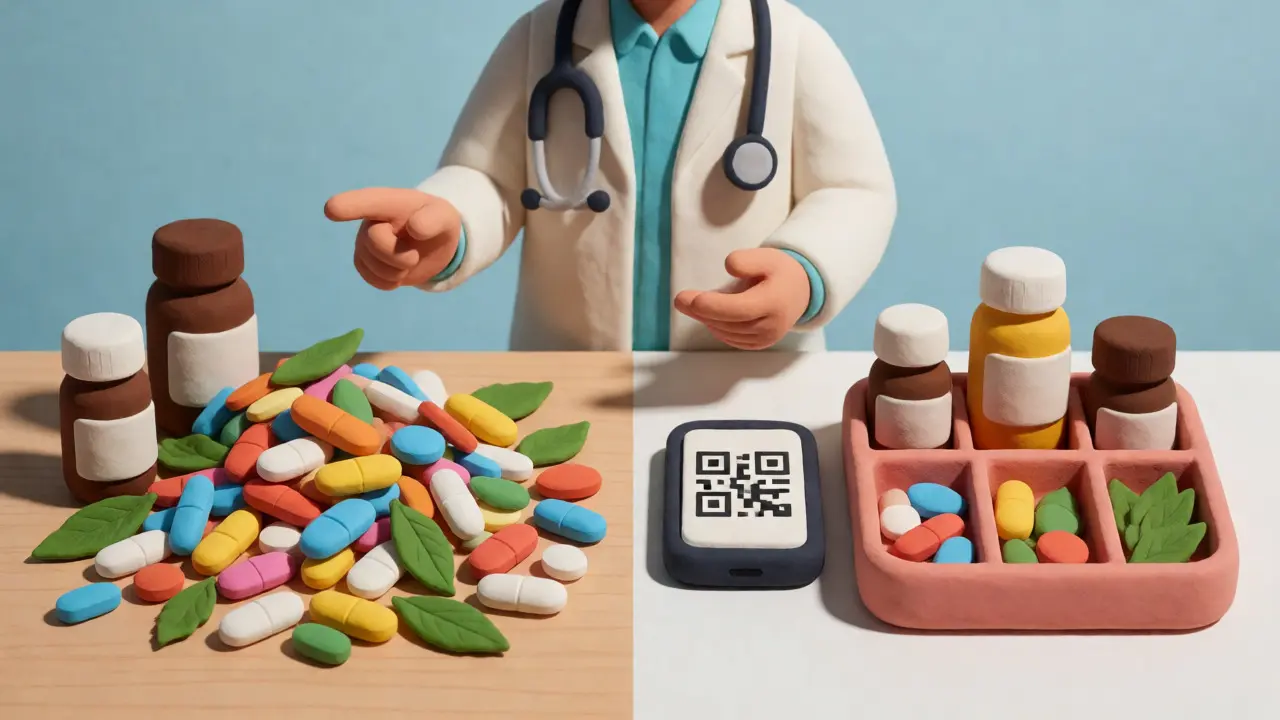 Clay pharmacist organizing messy pills into a neat tray.